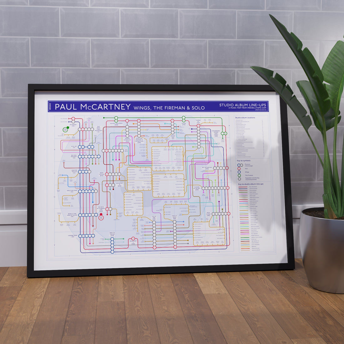 Paul McCartney discography map wall art print in a black A1 landscape frame, hung on a feature wall, showing every solo and Wings studio album in order, designed by Mike Bell at mikebellmaps.com.