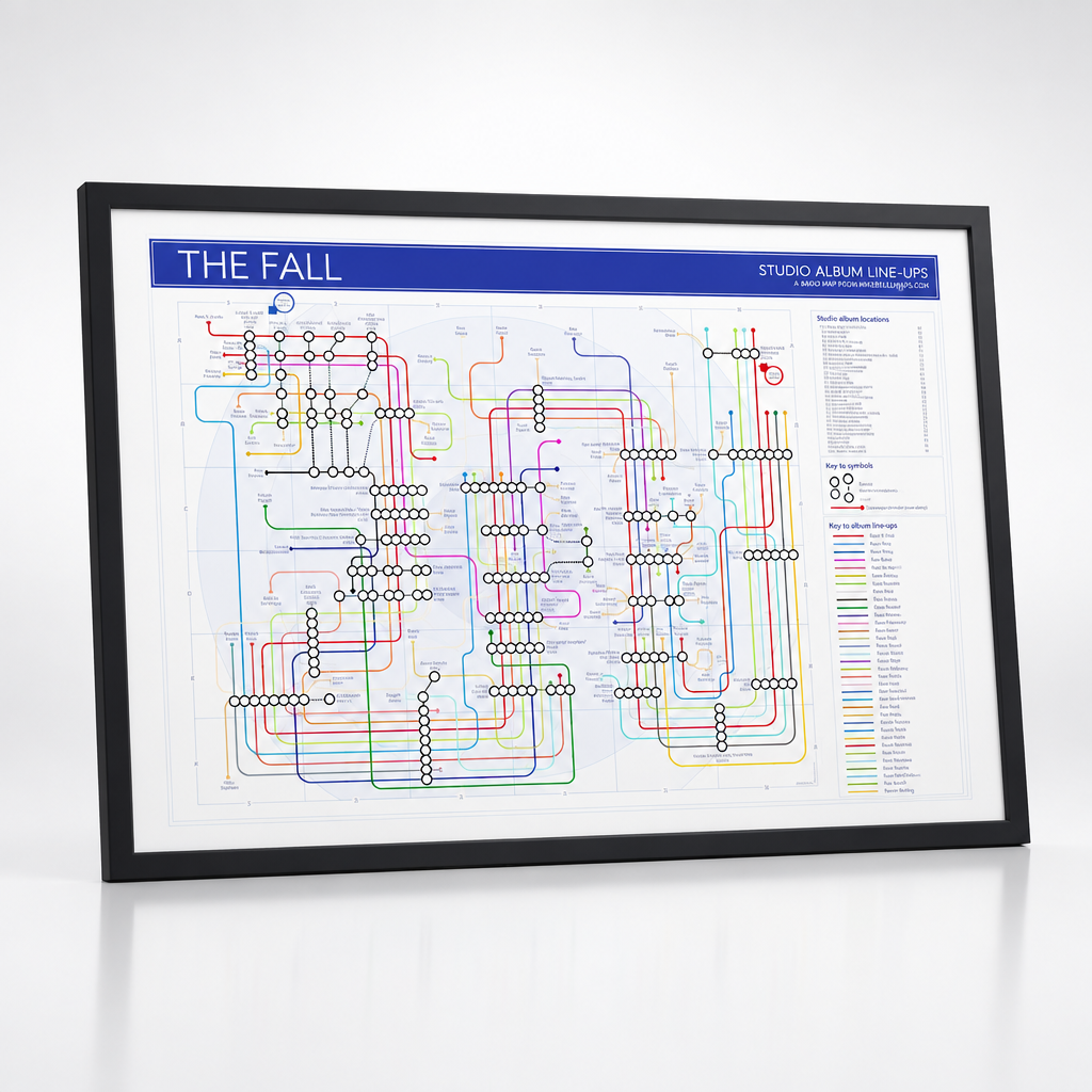 A framed poster of the 'The Fall' album 'Studio Album Line-Ups' featuring a colorful transit map design, displayed in a black frame on a clean white background.