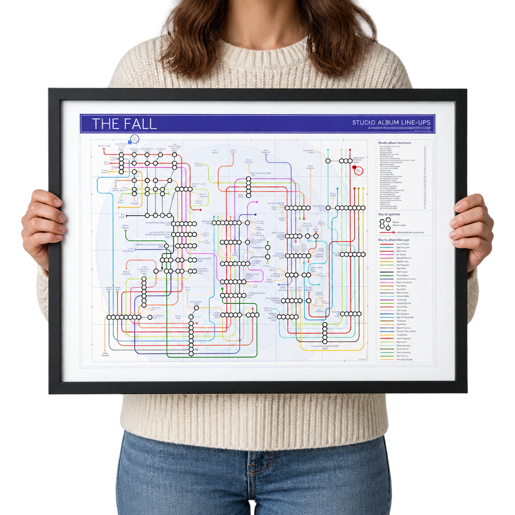A person holds up a framed poster of 'The Fall' studio album line-ups. The poster features a detailed multicolor transit map with various colored lines representing tracks and artists, enclosed in a black frame against a solid white background.