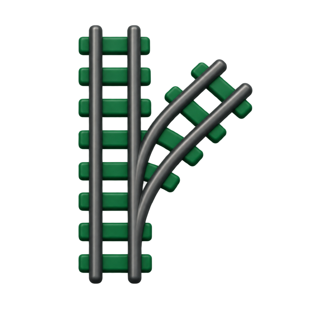 A 3D-rendered railroad track layout component featuring a straight double rail section with green sleepers and an adjacent curved three-rail turnout with green crosspieces, isolated on a solid black background.