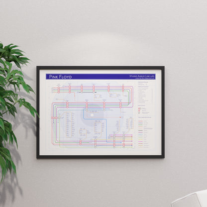 Pink Floyd discography tube map in A1 size, framed Giclée wall art print in black handmade Italian solid wood frame by Mike Bell.