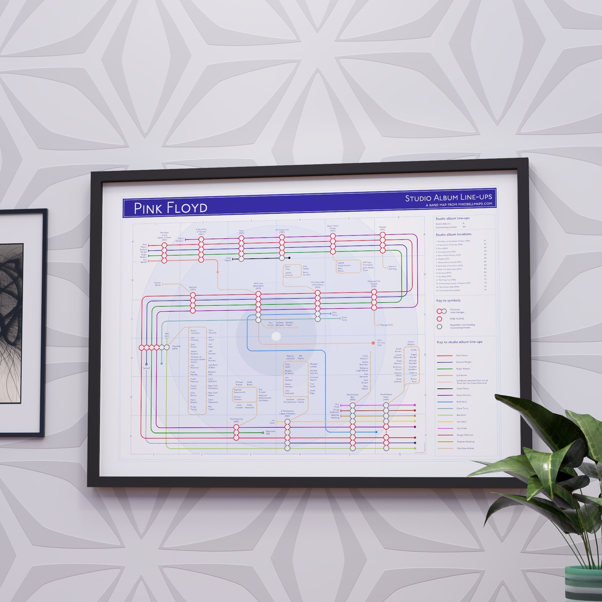 Pink Floyd discography tube map in A2 size, framed Giclée wall art print in black handmade Italian solid wood frame by Mike Bell.