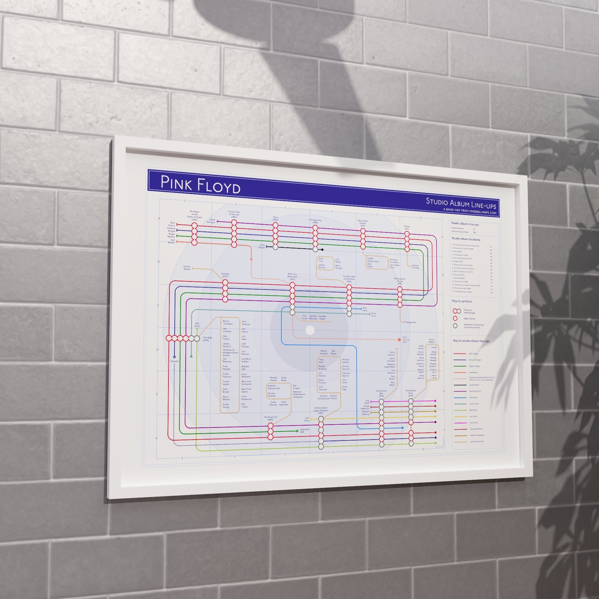 Pink Floyd discography tube map in A1 size, framed Giclée wall art print in white handmade Italian solid wood frame by Mike Bell.