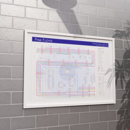 Pink Floyd discography tube map in A1 size, framed Giclée wall art print in white handmade Italian solid wood frame by Mike Bell.