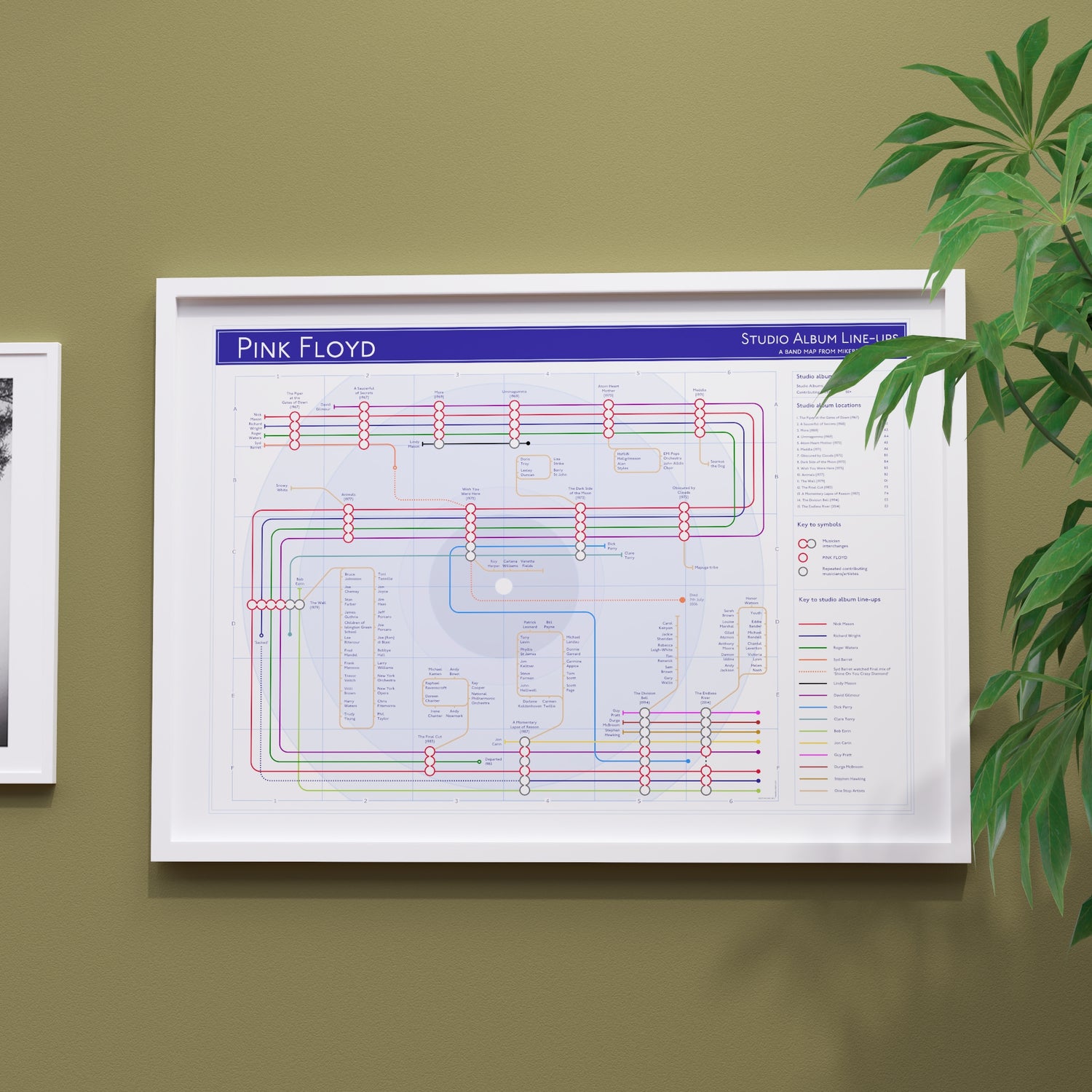 Pink Floyd discography tube map in A2 size, framed Giclée wall art print in white handmade Italian solid wood frame by Mike Bell.