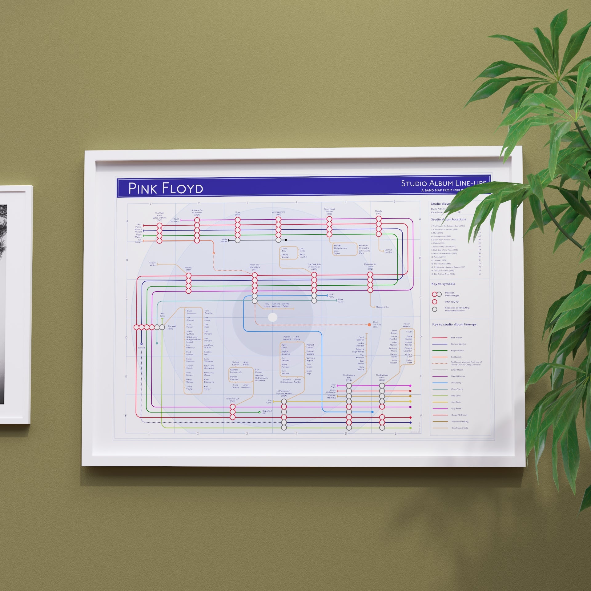 Pink Floyd discography tube map in A2 size, framed Giclée wall art print in white handmade Italian solid wood frame by Mike Bell.