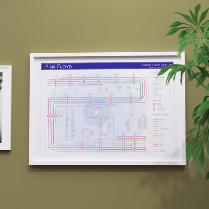 Pink Floyd discography tube map in A2 size, framed Giclée wall art print in white handmade Italian solid wood frame by Mike Bell.