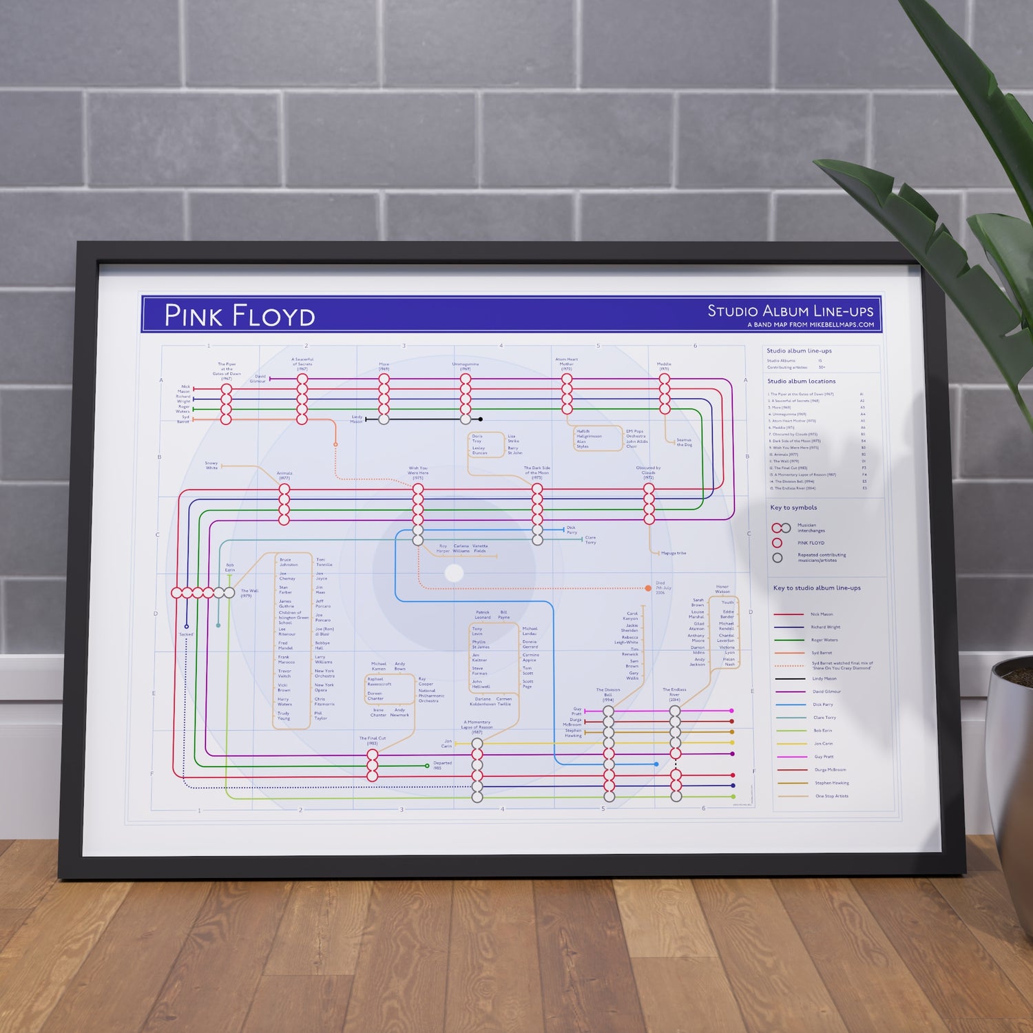 Ideal gift for Pink Floyd fans - A1 framed Giclée discography tube map hung on a feature wall, showing every studio album from The Piper at the Gates of Dawn (1967) to The Endless River (2014) with Nick Mason&