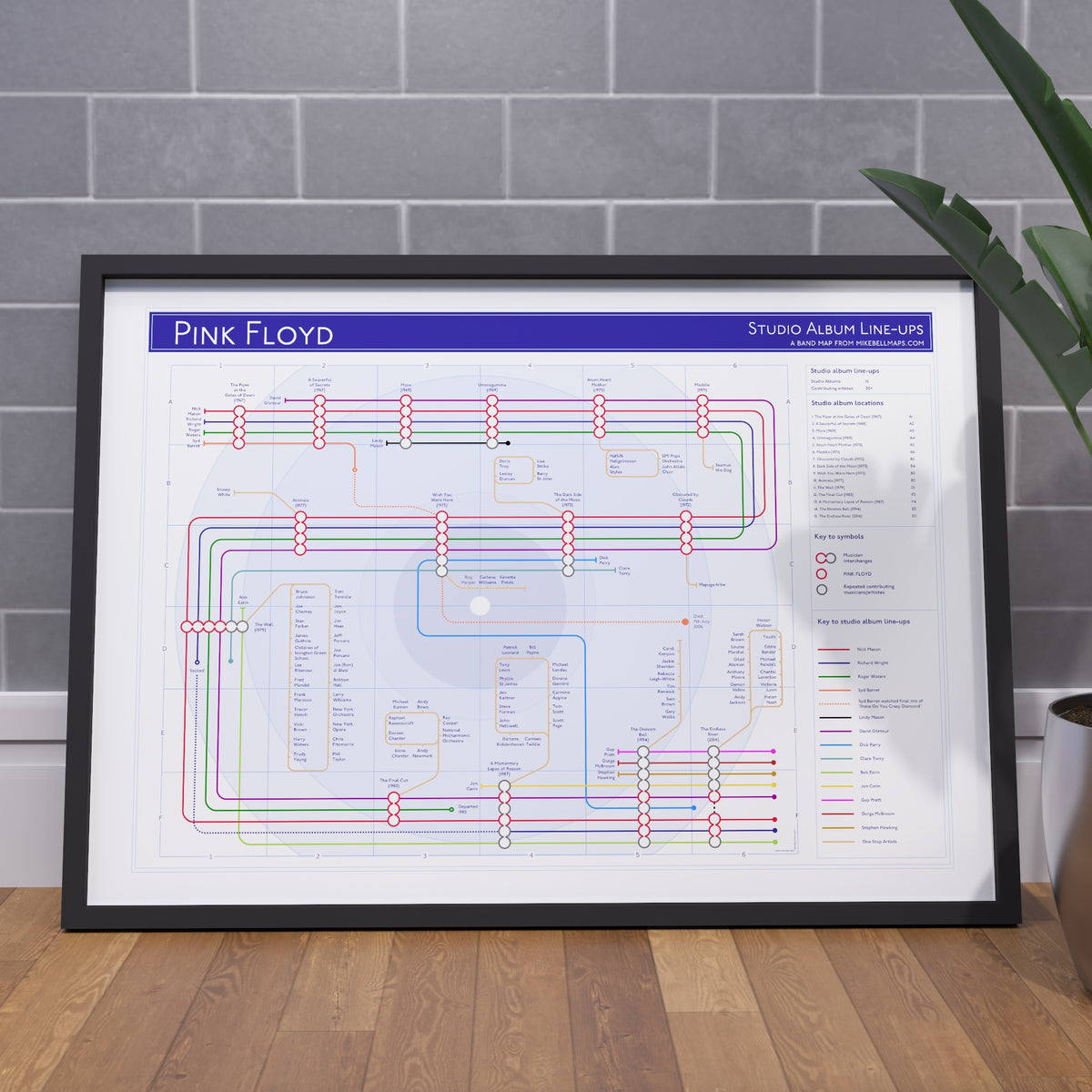 Ideal gift for Pink Floyd fans - A1 framed Giclée discography tube map hung on a feature wall, showing the studio albums from The Piper at the Gates of Dawn (1967) to The Endless River (2014) with Nick Mason&