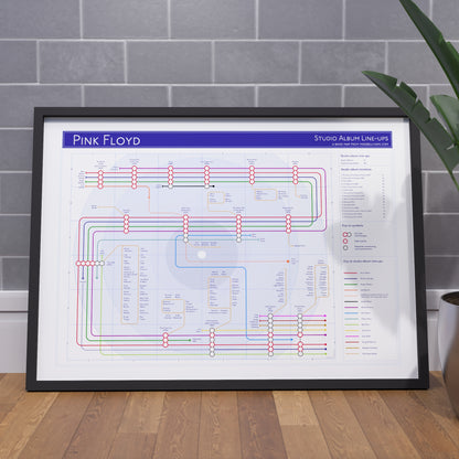 Ideal gift for Pink Floyd fans - A1 framed Giclée discography tube map hung on a feature wall, showing every studio album from The Piper at the Gates of Dawn (1967) to The Endless River (2014) with Nick Mason&
