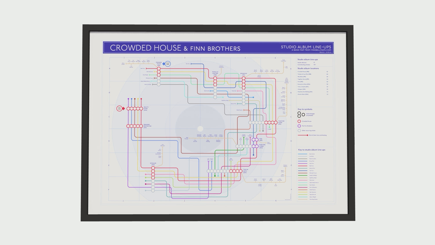 Crowded House albums and musicians tube map by Mike bell