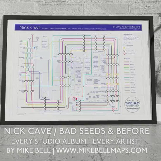 Video overview of Nick Cave’s discography map, tracing albums and band members.