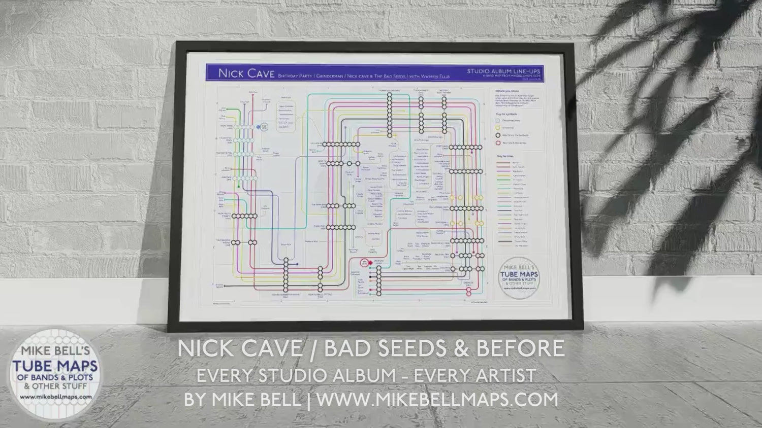 Nick Cave Music Map unique art print charting albums and musicians across his career in a tube-style format, available in A3–A1 sizes.