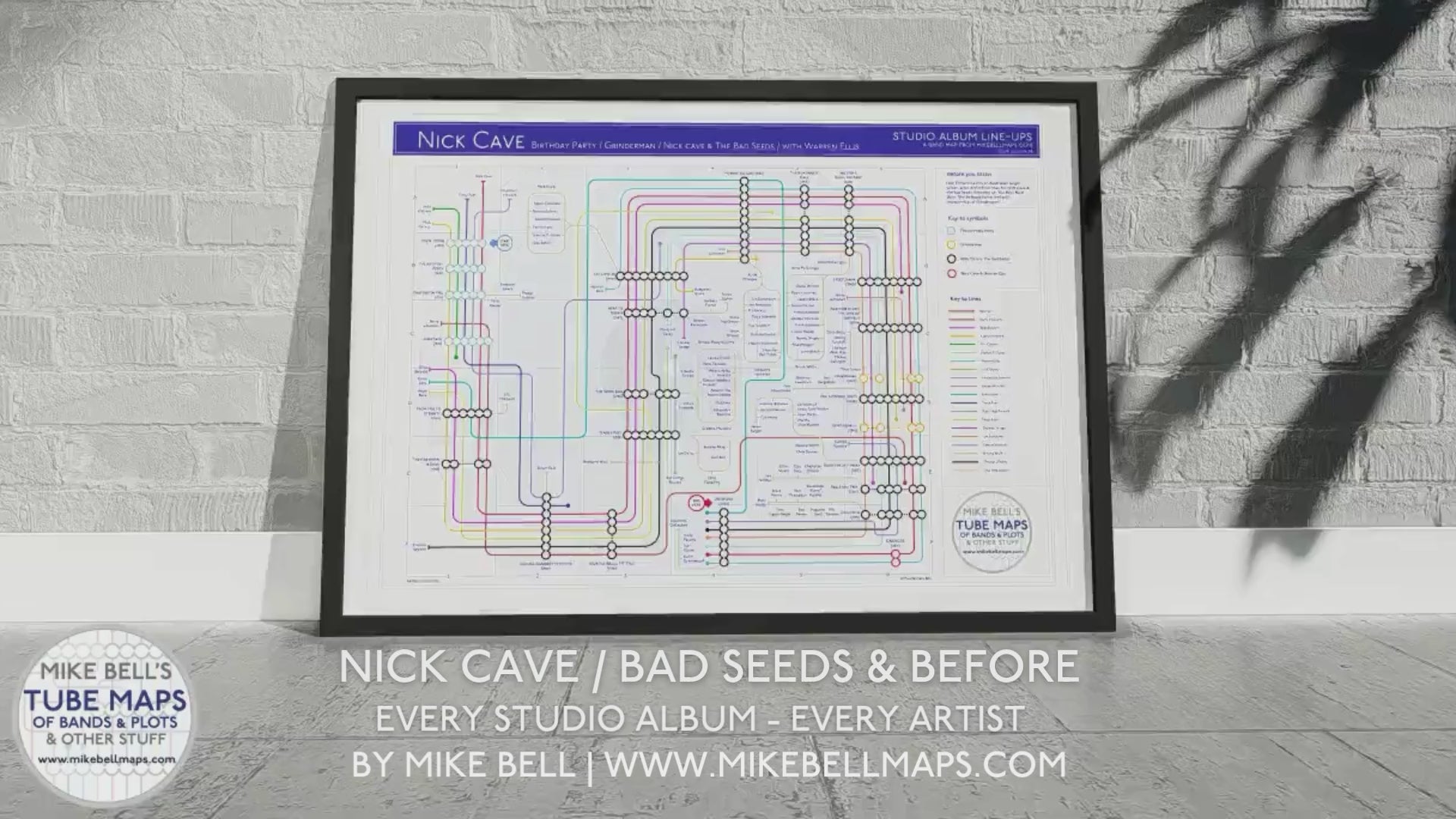 Video laden: Video overview of Nick Cave’s discography map, tracing albums and band members.