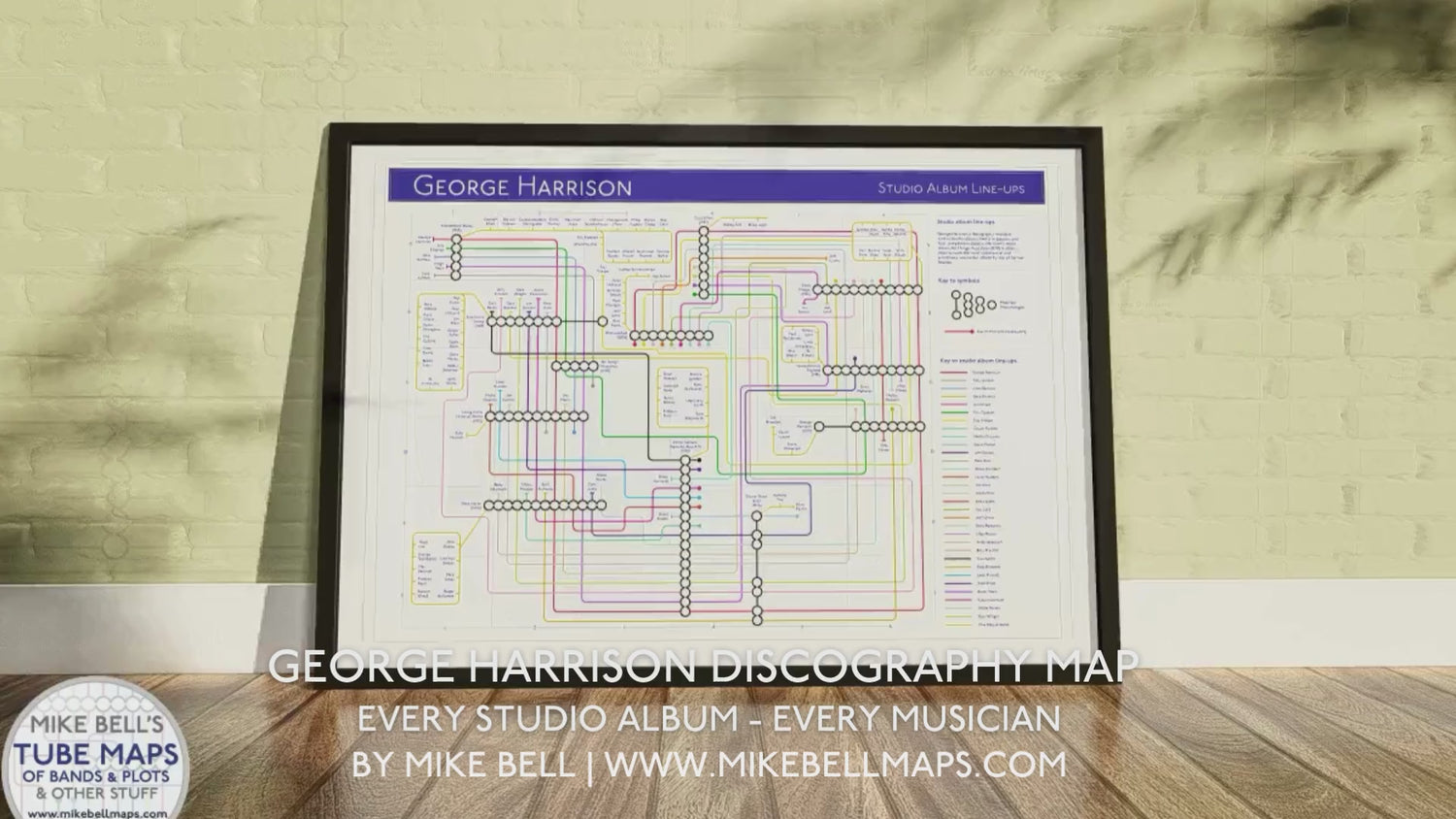 George Harrison studio album transit map art print in A3, A2, A1 sizes, giclee framed and unframed, showing albums as stations.