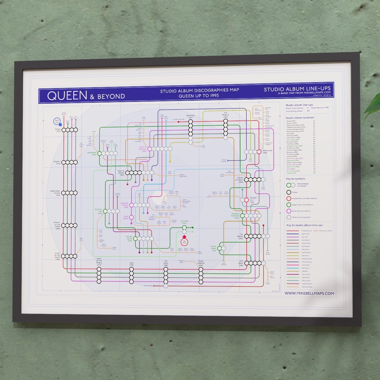 Gift for Queen fans - 24x18in (A2 equivalent) framed Giclée discography tube map wall art print, designed by Mike Bell.