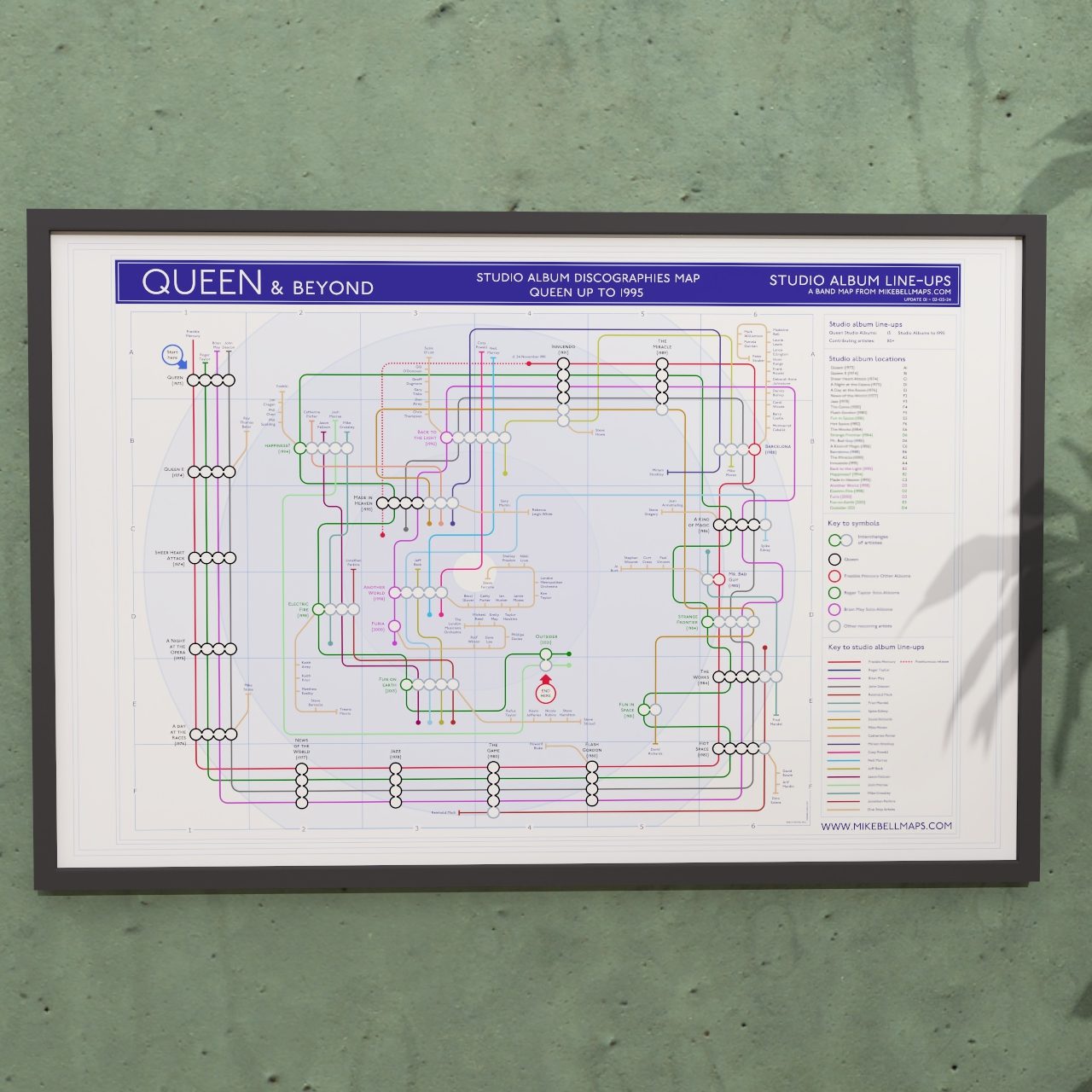 Gift for Queen fans - 36x24in (A1 equivalent) framed Giclée discography tube map wall art print, designed by Mike Bell.