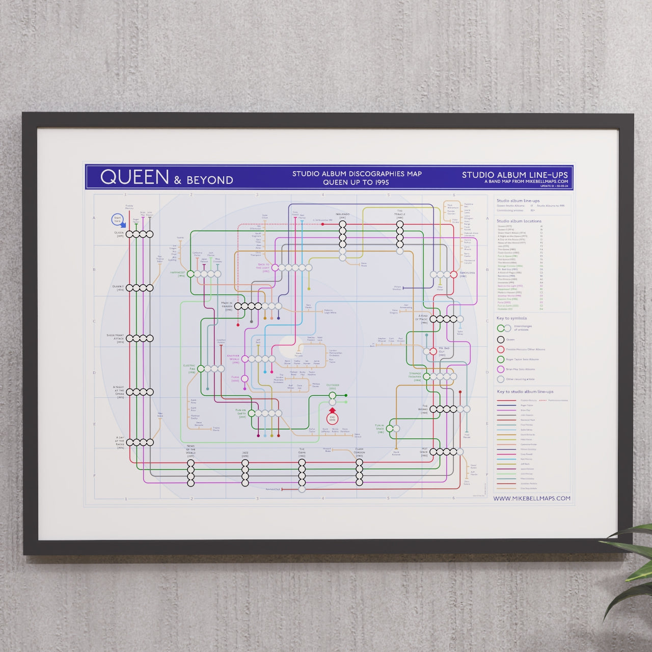 Framed A2 Queen discography tube map print featuring the complete musical journey of one of rock&