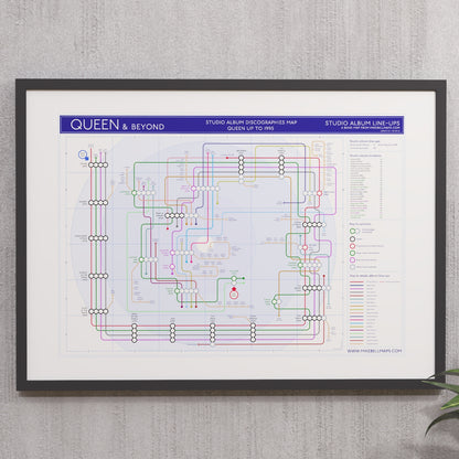 Framed A2 Queen discography tube map print featuring the complete musical journey of one of rock&