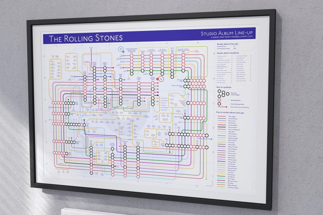 Rolling Stones discography map wall art print in a black A1 landscape frame, hung on a feature wall, showing every studio album in order, designed by Mike Bell at mikebellmaps.com.