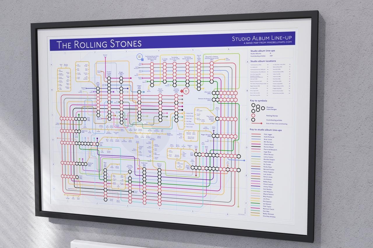 Rolling Stones discography map wall art print in a black A1 landscape frame, hung on a feature wall, showing every studio album in order, designed by Mike Bell at mikebellmaps.com.