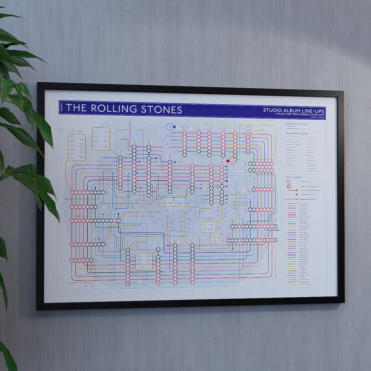 Rolling Stones discography tube map framed at an angle on a white background, Giclée wall art print by Mike Bell at mikebellmaps.com.