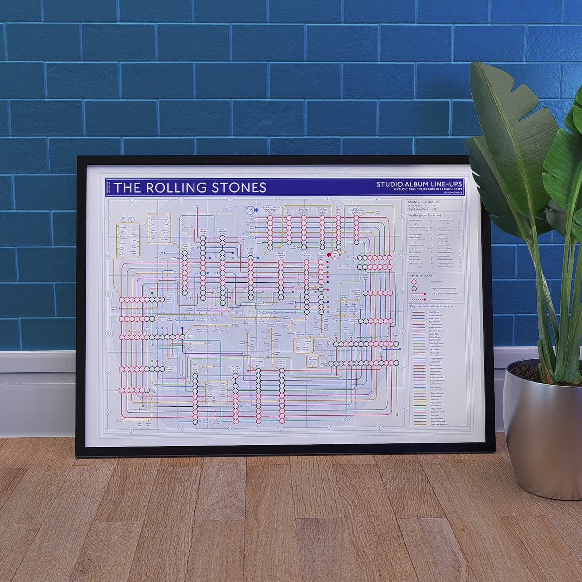 Rolling Stones discography tube map in A1 size, framed Giclée wall art print in a handmade Italian solid wood frame by Mike Bell.