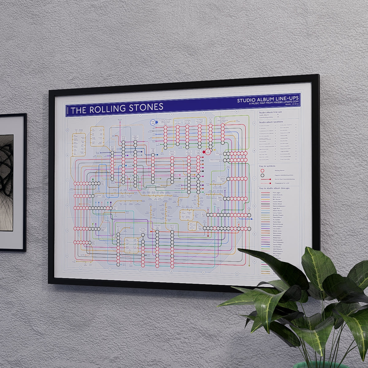 Rolling Stones discography tube map in A2 size, framed Giclée wall art print in a handmade Italian solid wood frame by Mike Bell.