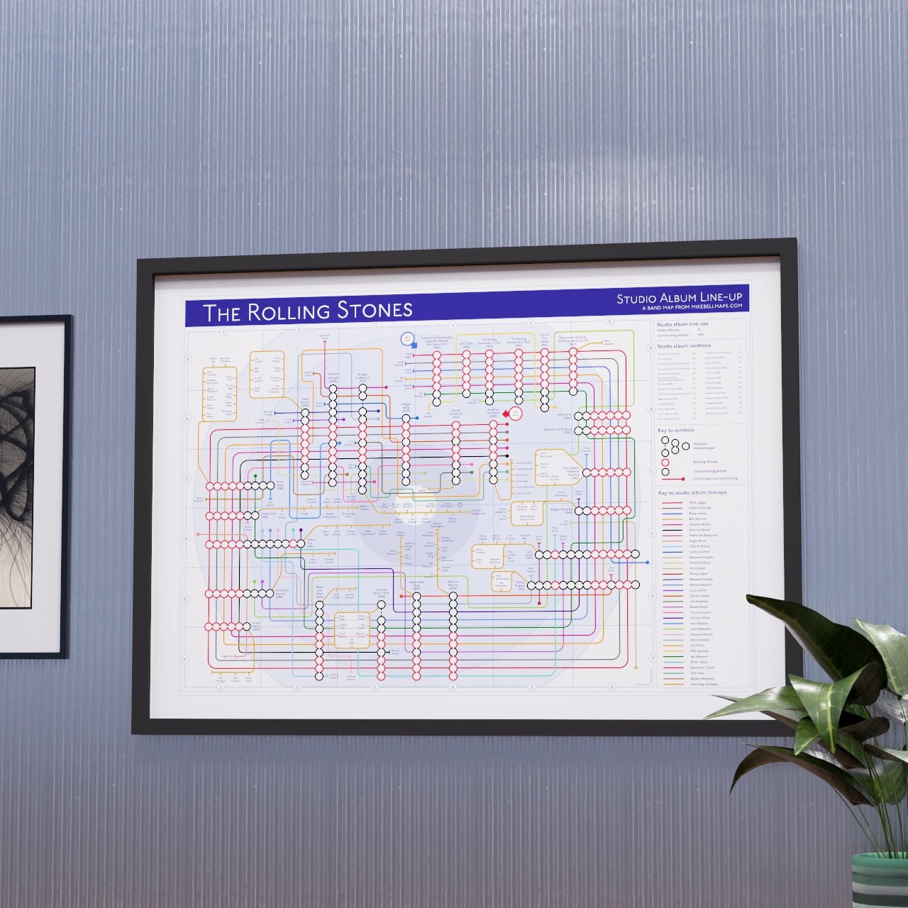 Rolling Stones discography tube map in A2 size, framed Giclée wall art print in black handmade Italian solid wood frame by Mike Bell.