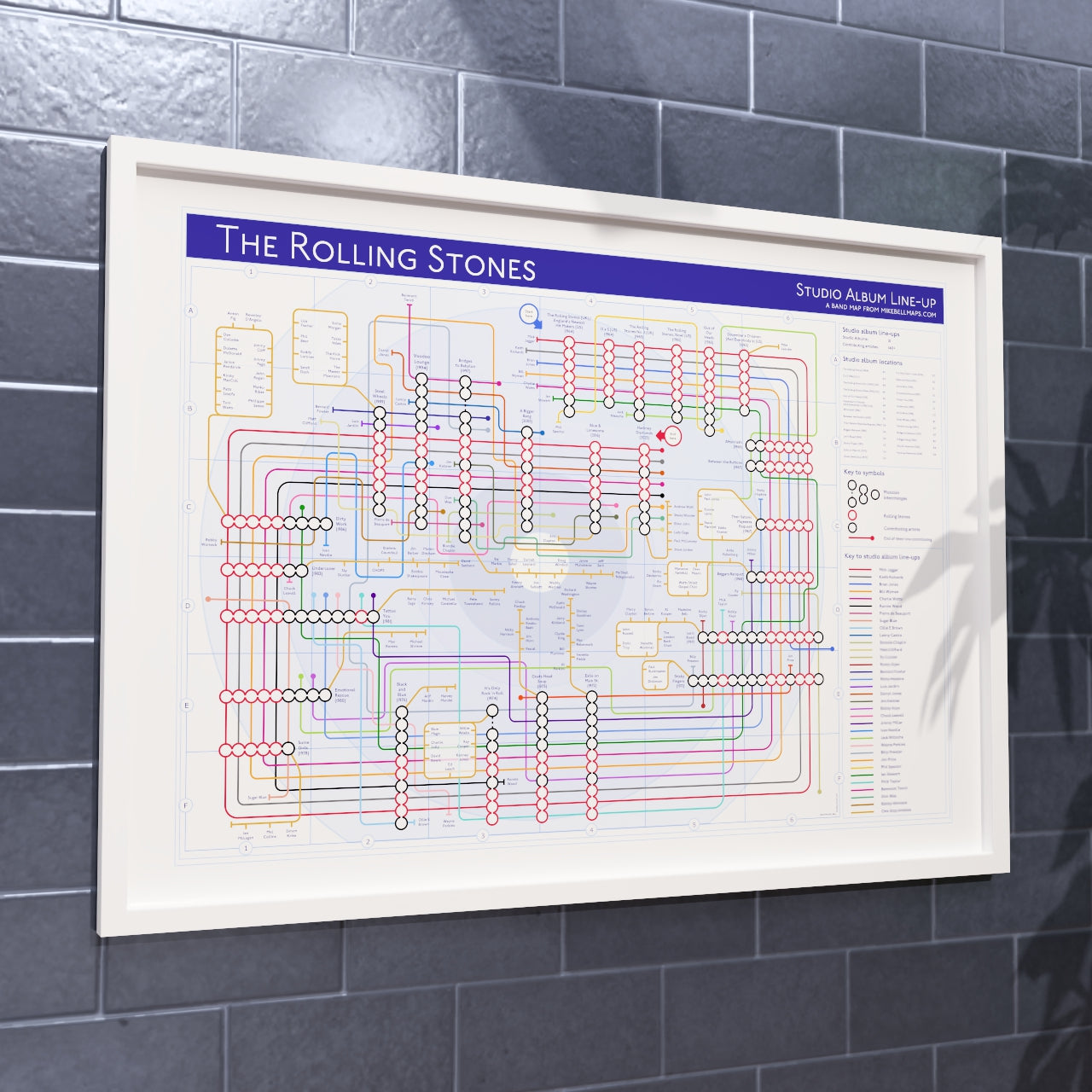 Rolling Stones discography tube map in A1 size, framed Giclée wall art print in white handmade Italian solid wood frame by Mike Bell.