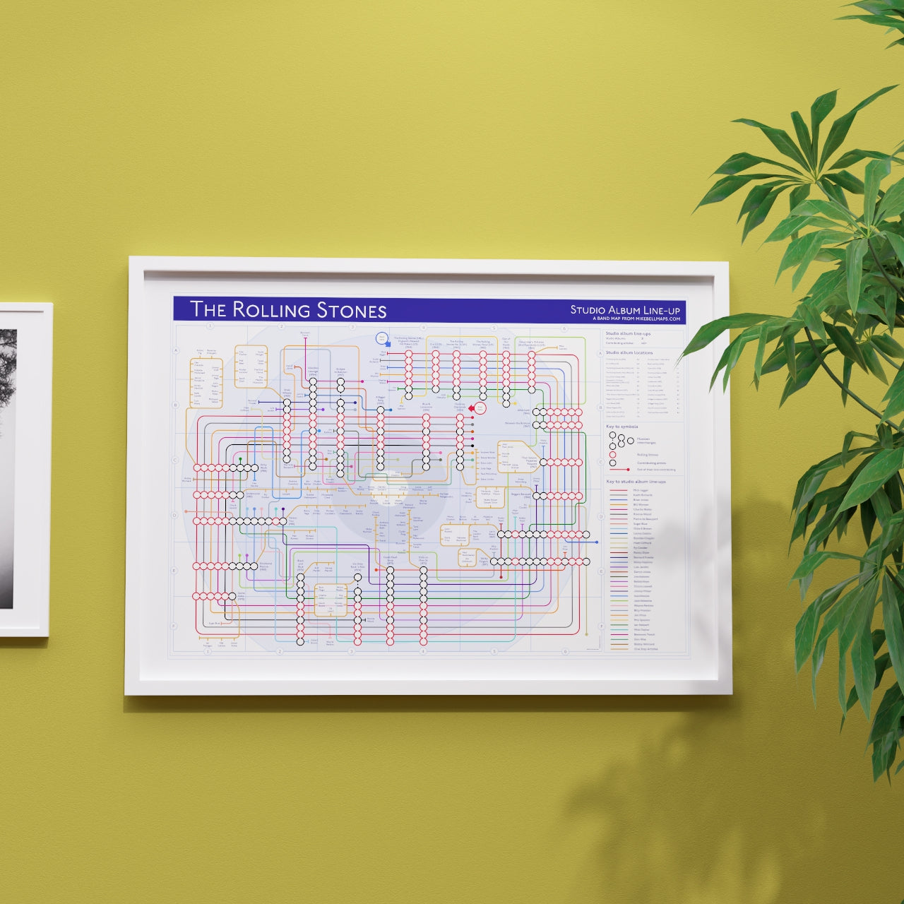 Rolling Stones discography tube map in A2 size, framed Giclée wall art print in white handmade Italian solid wood frame by Mike Bell.