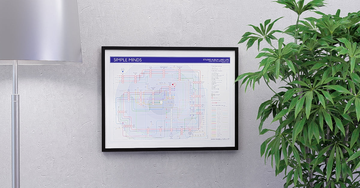 Photograph of the Simple Minds discography map art print, designed by Mike Bell.