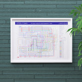 Steely Dan discography map in A2 size, framed Giclée wall art print in white handmade Italian solid wood frame by Mike Bell.