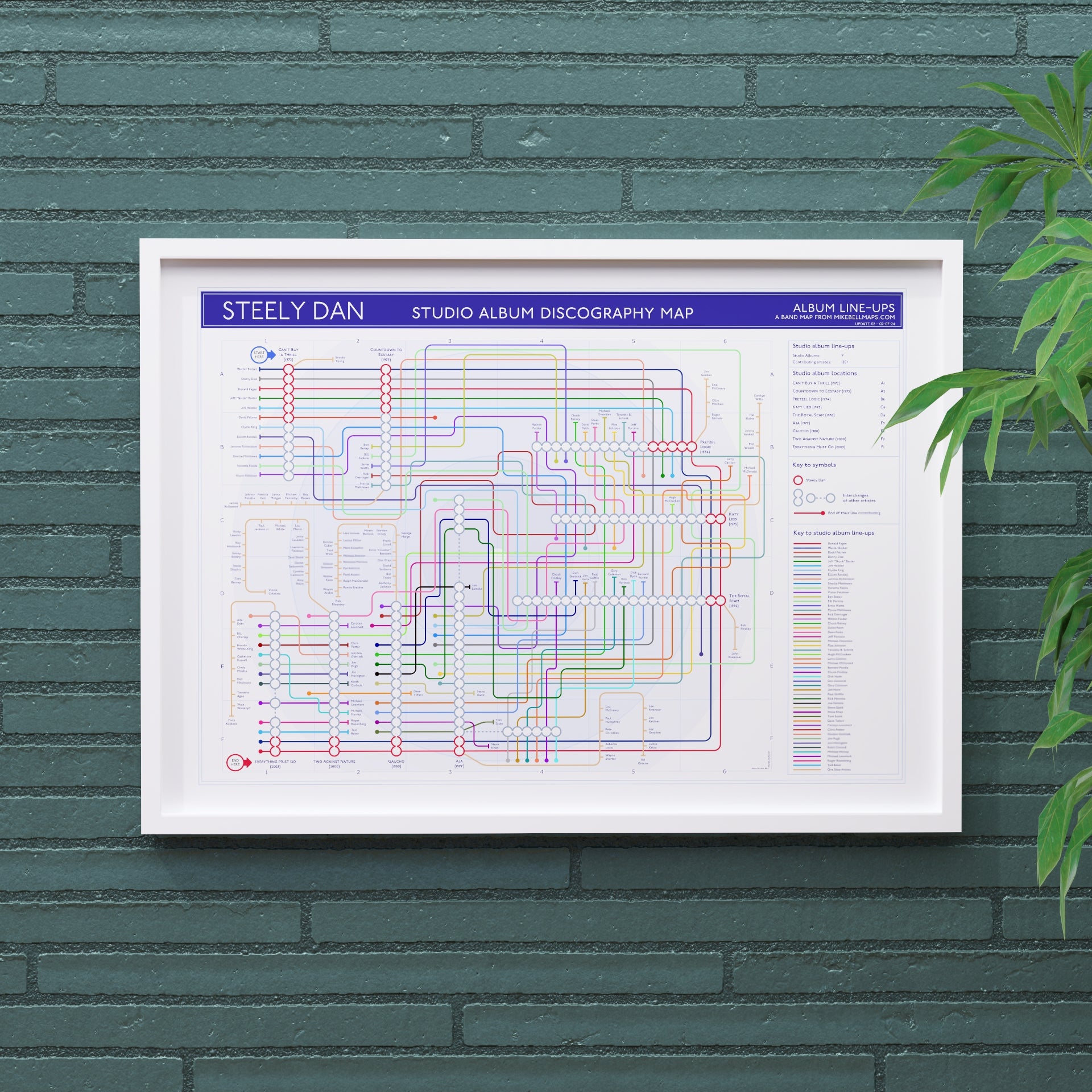 Steely Dan discography map in A2 size, framed Giclée wall art print in white handmade Italian solid wood frame by Mike Bell.