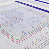 Close-up of The Charlatans discography tube map showing Mark Collins picking up the guitar line from Between 10th and 11th (1992) and running through the catalogue, designed by Mike Bell.