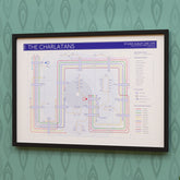 The Charlatans discography tube map in A2 size, framed Giclée wall art print in black handmade Italian solid wood frame by Mike Bell.