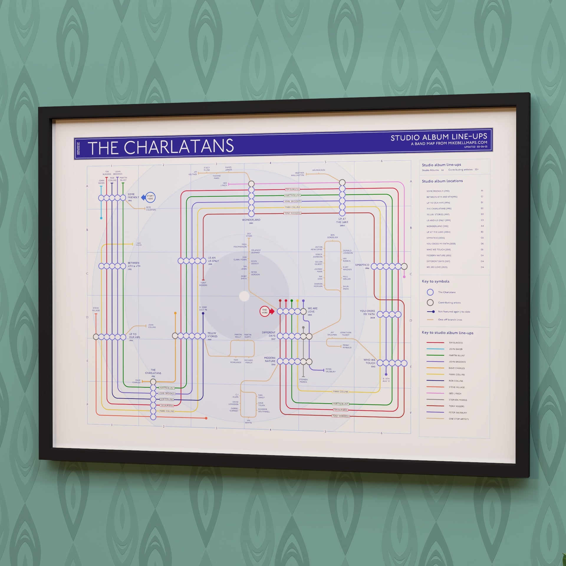 The Charlatans discography tube map in A2 size, framed Giclée wall art print in black handmade Italian solid wood frame by Mike Bell.