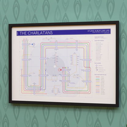 The Charlatans discography tube map in A2 size, framed Giclée wall art print in black handmade Italian solid wood frame by Mike Bell.