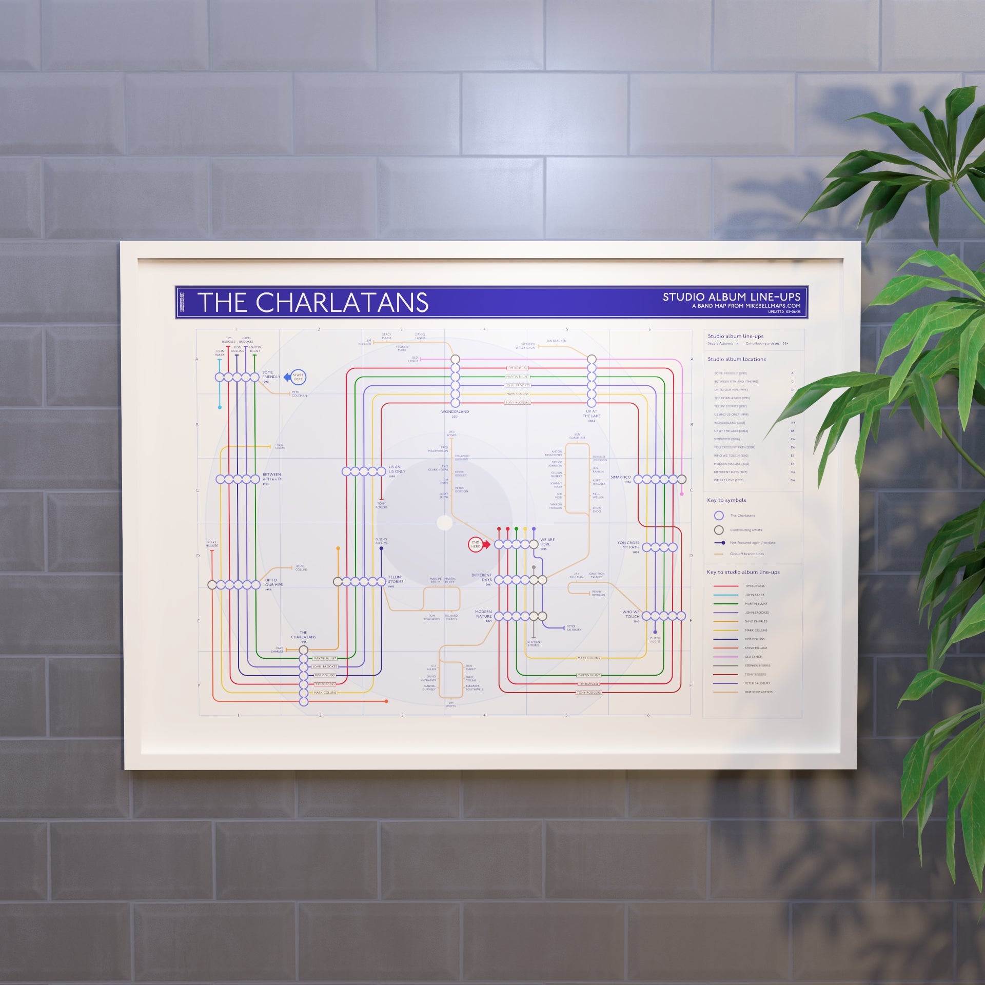 The Charlatans discography tube map in A1 size, framed Giclée wall art print in white handmade Italian solid wood frame by Mike Bell.