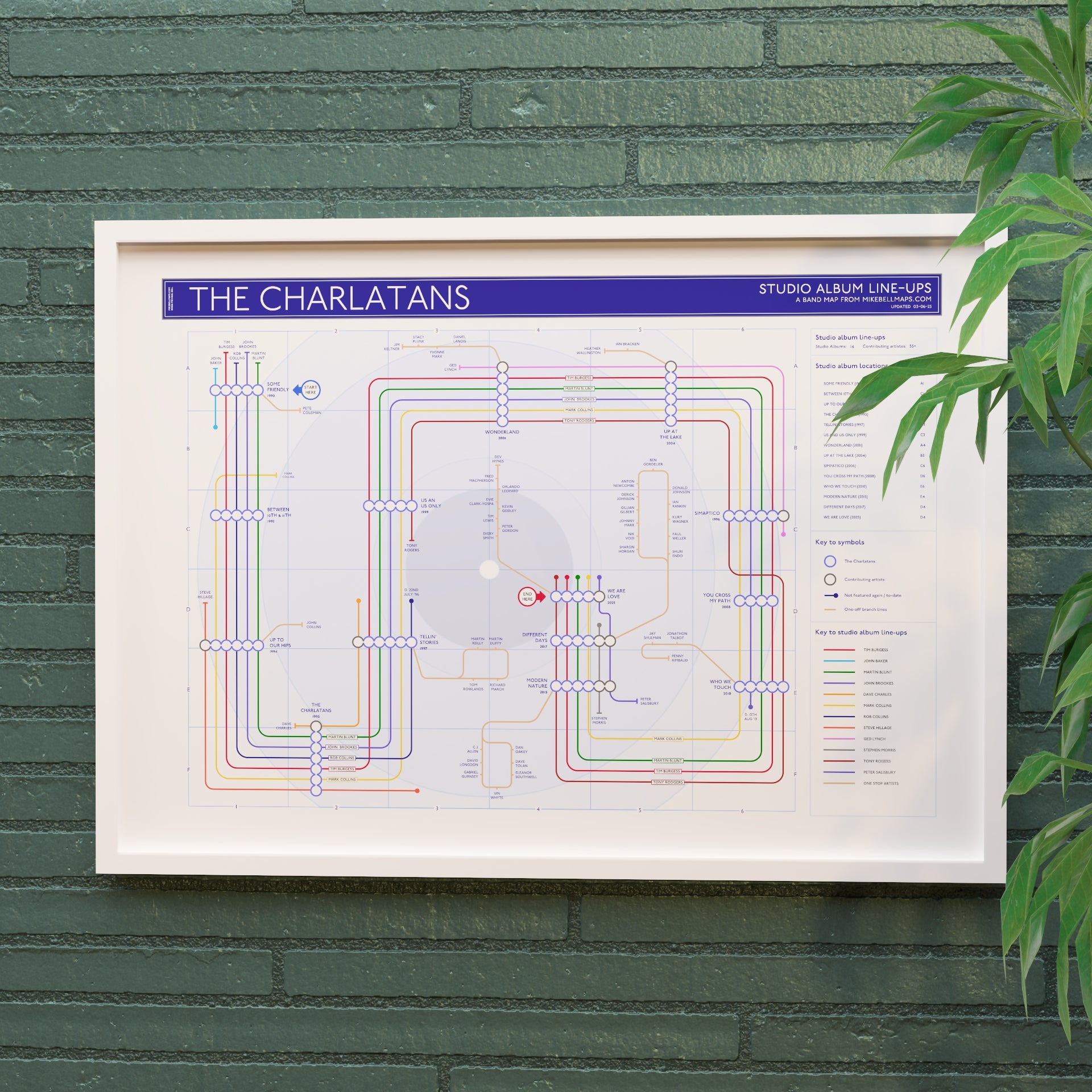 The Charlatans discography tube map in A2 size, framed Giclée wall art print in white handmade Italian solid wood frame by Mike Bell.