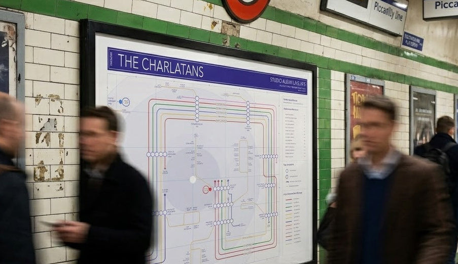 People walking in a subway station with a charlatans tube map on the wall