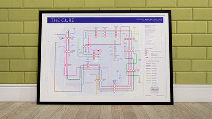 The Cure art print: Studio album artwork and musicians on display, perfect for fans of music, records, and gigs.