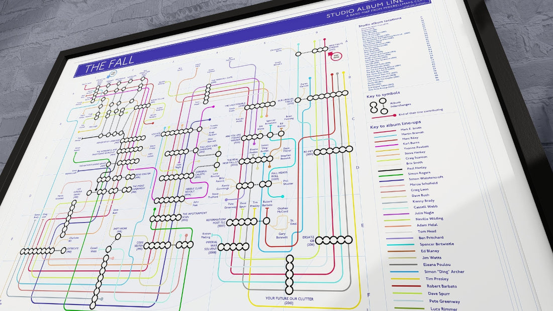 The Fall Art Prints: Unique Music Maps of a Complete Studio Discography and Every Artist Collaboration, highlighting their unmistakable sound.