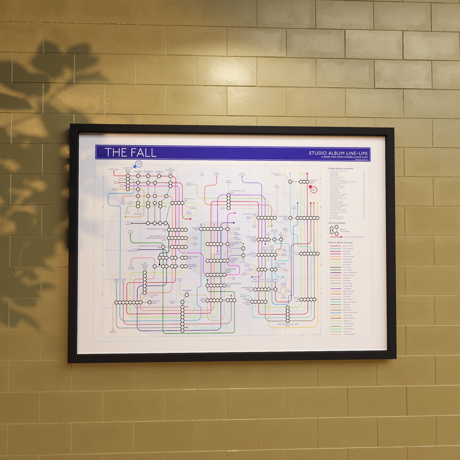 The Fall discography tube map in A1 size, framed Giclée wall art print in black handmade Italian solid wood frame by Mike Bell.