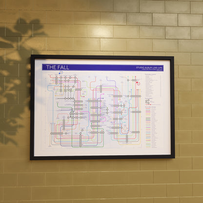 The Fall discography tube map in A1 size, framed Giclée wall art print in black handmade Italian solid wood frame by Mike Bell.