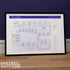 The Kinks discography map wall art print in a black A1 landscape frame, hung on a feature wall, showing every studio album in order, designed by Mike Bell at mikebellmaps.com.