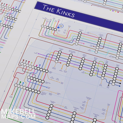 The Kinks discography map displayed in a styled lounge setting, A1 landscape black framed wall art print, part of Mike Bell&