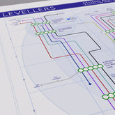 Close-up of The Levellers discography tube map showing Mark Chadwick, Jeremy Cunningham, Charlie Heather, Jon Sevink and Simon Friend as the five continuous tube lines across almost the entire catalogue, designed by Mike Bell.