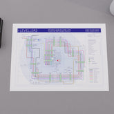 Close-up of The Levellers discography tube map showing Matt Savage picking up the keyboards line from Hello Pig (2000) and running through the later catalogue, designed by Mike Bell.
