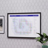 The Levellers discography tube map in A2 size, framed Giclée wall art print in black handmade Italian solid wood frame by Mike Bell.